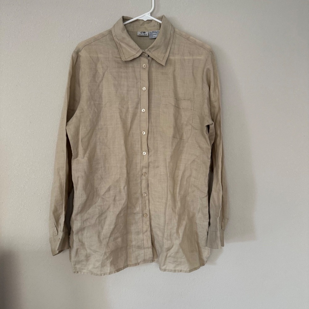 VTG Carry Back Tan 100% Linen Women's Button Up‎ Size 12 Lagenlook Coastal Fall